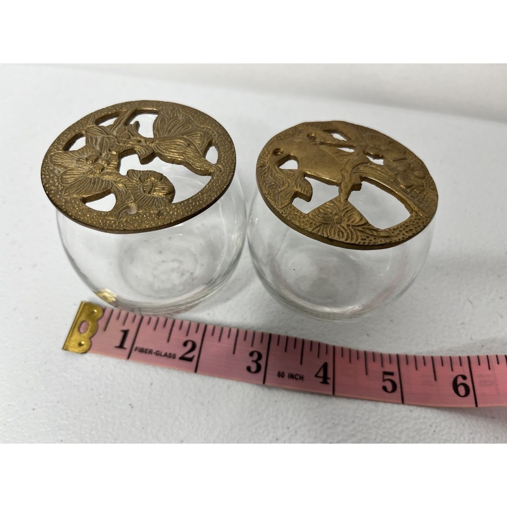 Vintage Small Potpourri Glass Jar with Cast Brass Lid Floral‎ Bird Lot Of 2